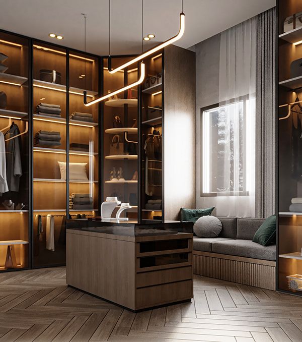 دريسنج "ملاذ" الفاخر - خزانة زجاجية مع جزيرة وركن جلوس مدمج