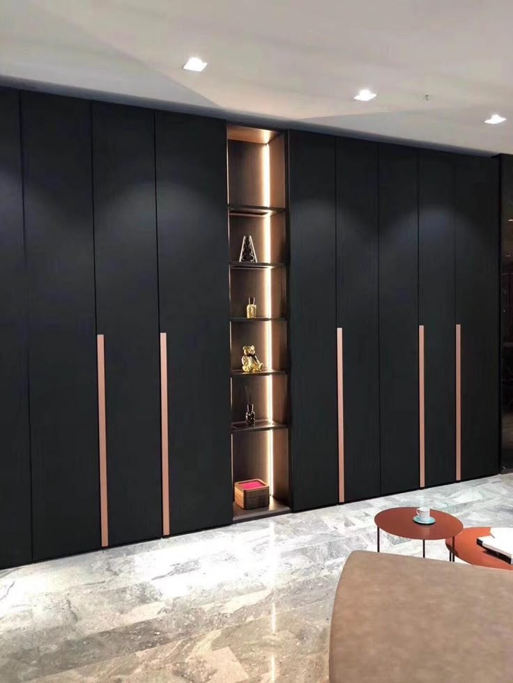 خزانة ملابس فيسبر مودرن أسود مطفأ مع نيش عرض مضيء LED ومقابض روز جولد وتصميم جداري متكامل من رحايا.