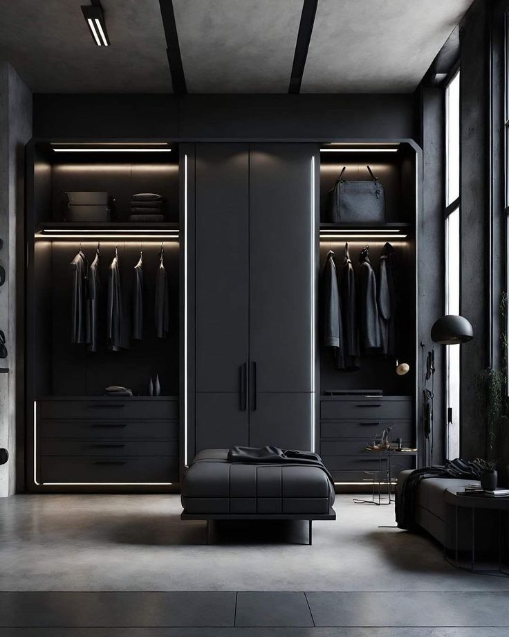 "Obsidian" Minimalist Dressing System | Matte Black Design & Linear LED | Rhaya Furniture