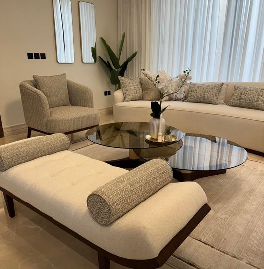 طقم أنتريه " بروميس " 4 قطع - كنبة منحنية، 2 فوتيه، وبانكيت بتصميم معاصر