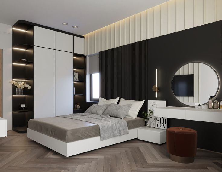 غرفة نوم "إيليت" المودرن - تصميم متكامل باللونين الأبيض والأسود