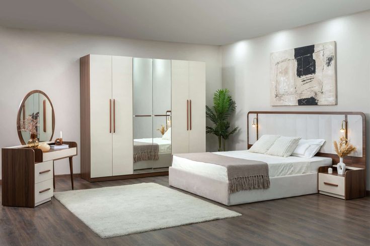 غرفة نوم "هارموني" - سرير بإضاءة مدمجة ودولاب بمرايا