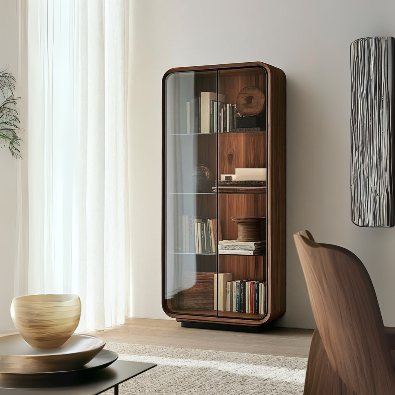 مكتبة كتب زجاجية بحواف دائرية بتصميم إيطالي فاخر