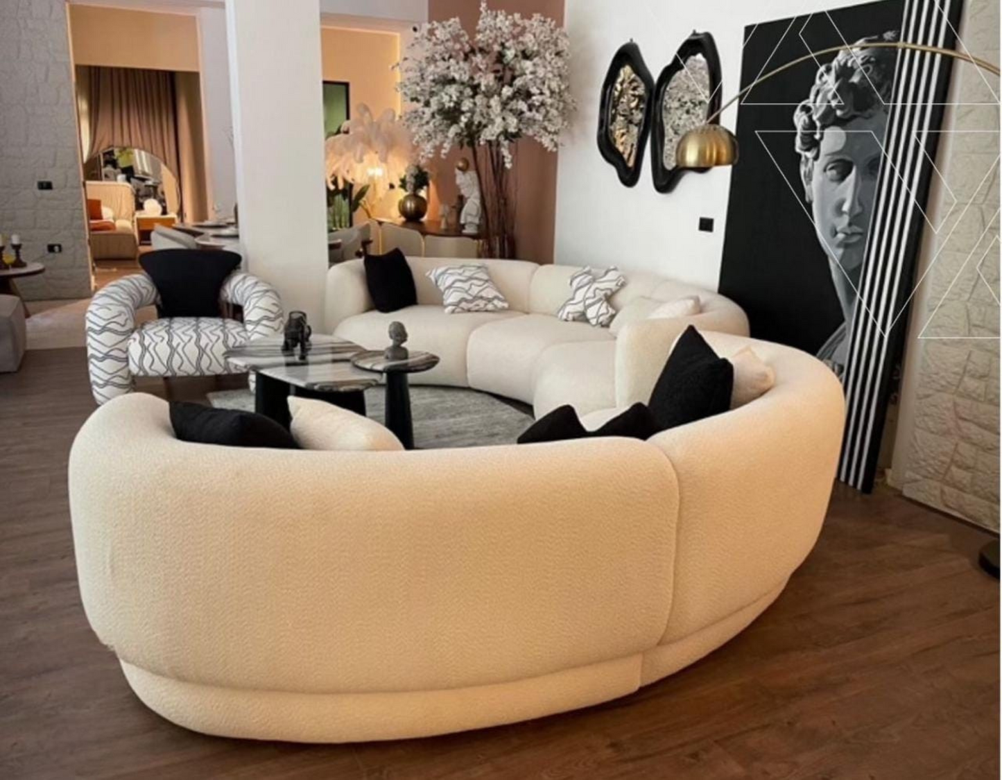 طقم ليفنج "كلاود" - ركنة دائرية بقماش البوكليه الفاخر وفوتيه بتصميم فني رائع