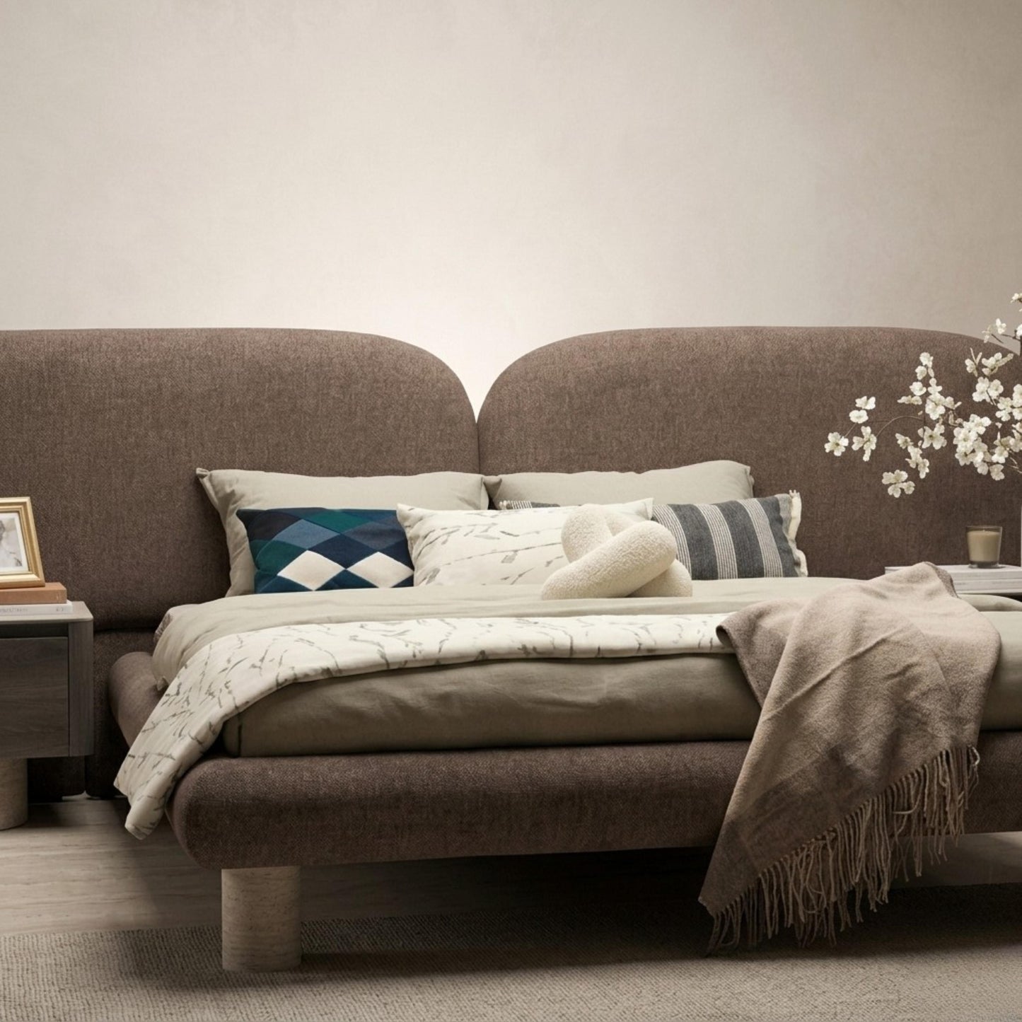 Pebble Luxury Organic Beech Bed | Integrated Floating Nightstands & Bouclé | Rhaya Furniture
