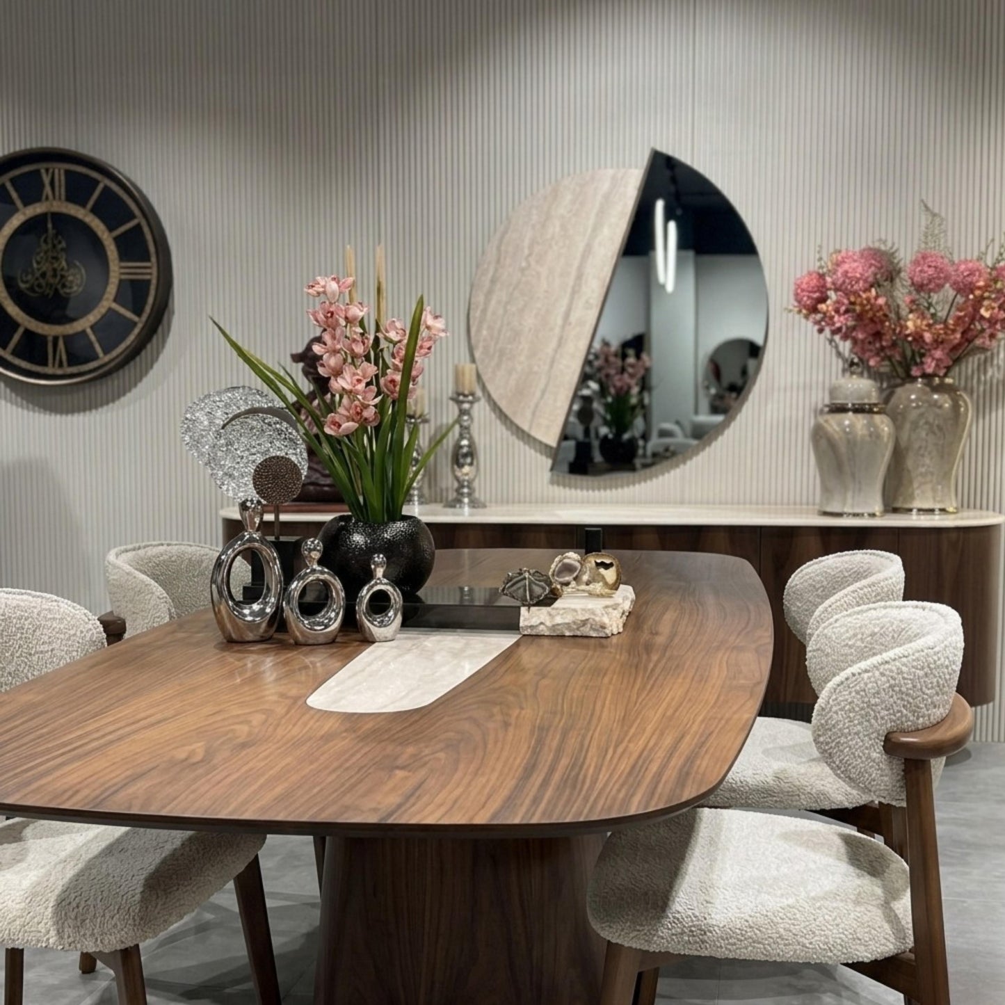 Oras Luxury Modern Dining Room | Oval Table with Natural Marble Inlay | Rhaya Furniture