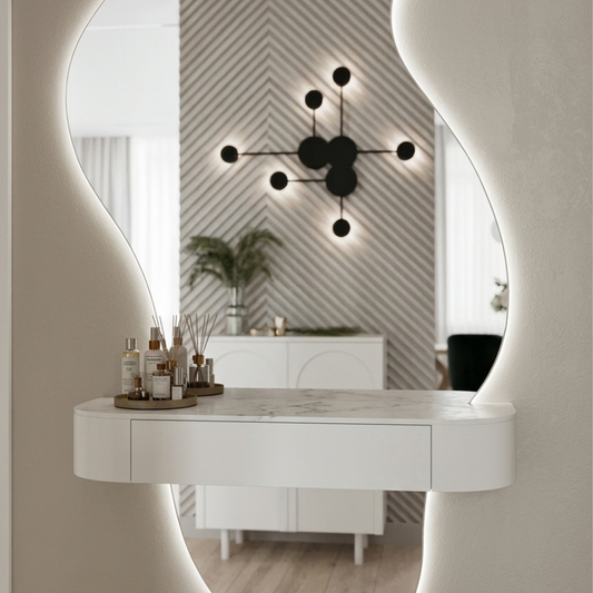 كونسول معلق مودرن مع مرآة عضوية مضيئة (Organic Mirror) - تصميم جداري فريد