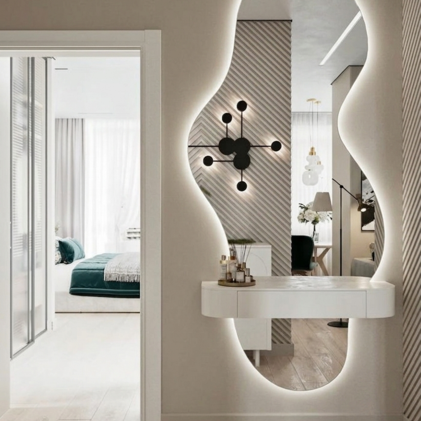 كونسول معلق مودرن مع مرآة عضوية مضيئة (Organic Mirror) - تصميم جداري فريد