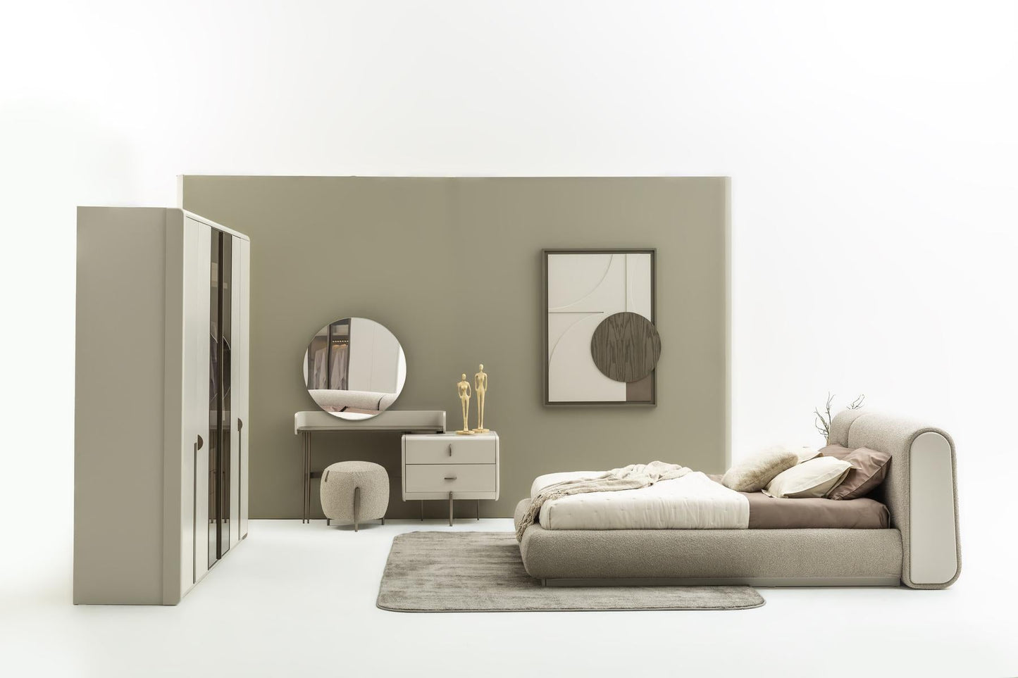 غرفة واحة - غرفة نوم مودرن كاملة بالدولاب "البوتيك" | قماش بوكليه وتصميم انسيابي.