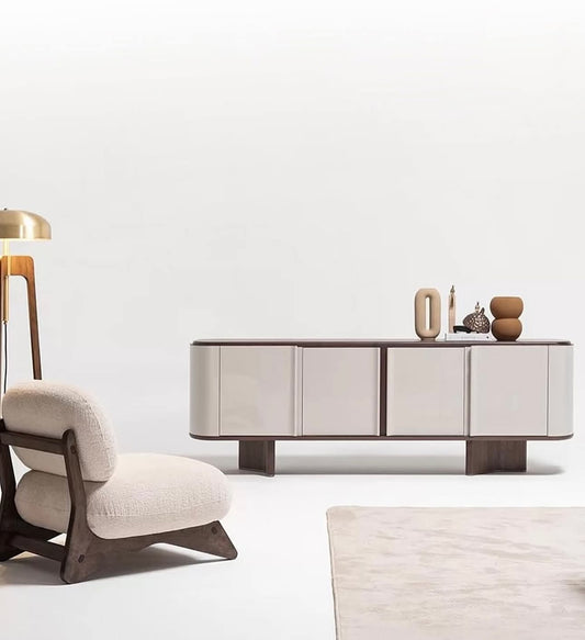 غرفة سفرة نورديك مودرن كاملة طاولة بيضاوية وكراسي بوكليه وبوفيه بلونين خشب داكن وفاتح من رحايا.