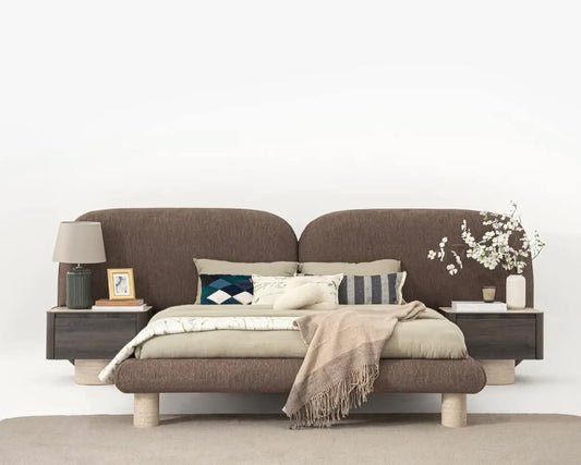 سرير بيبل مودرن خشب زان تصميم عضوي انسيابي قماش بوكليه مع كومود مدمج من رحايا.