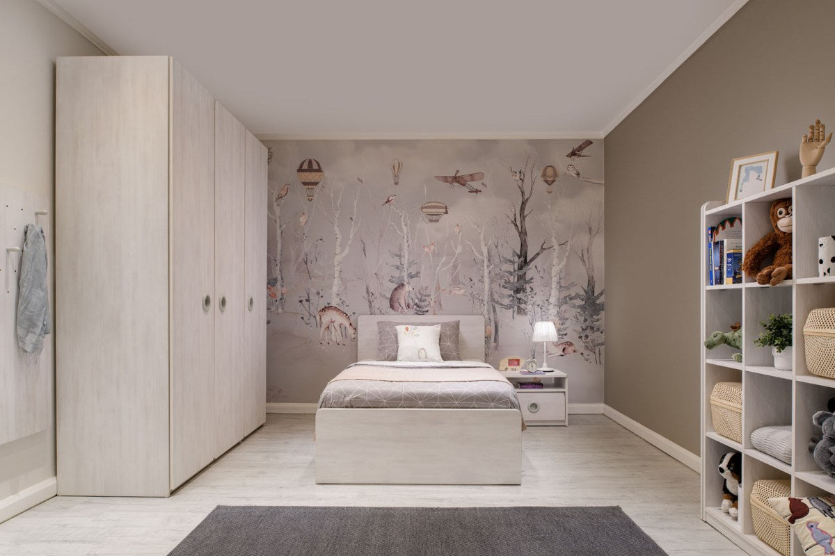 "Woods" Youth Room - Scandinavian style with whitewashed wood and smart storage