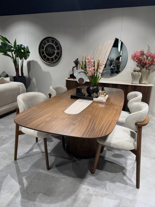 غرفة سفرة أوراس - 6 كراسي وتصميم منحني بخطوط خشبية طبيعية