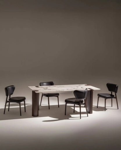 سفرة فيلوس - طاولة رخام بقواعد أسطوانية و 6 كراسي جلد