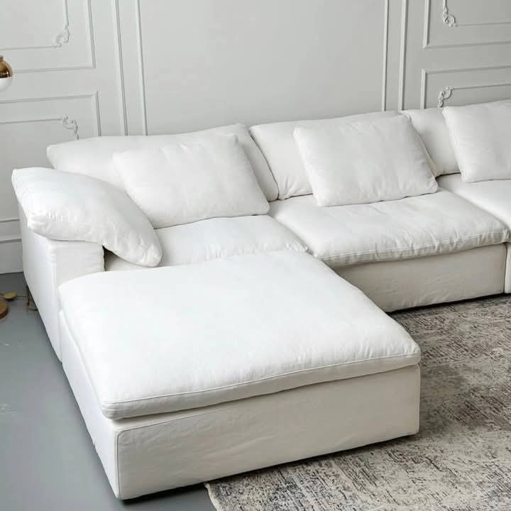 ركنة فاخرة بتصميم عصري - قماش قطني أبيض ناعم | 5 مقاعد