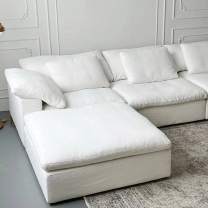 ركنة فاخرة بتصميم عصري - قماش قطني أبيض ناعم | 5 مقاعد