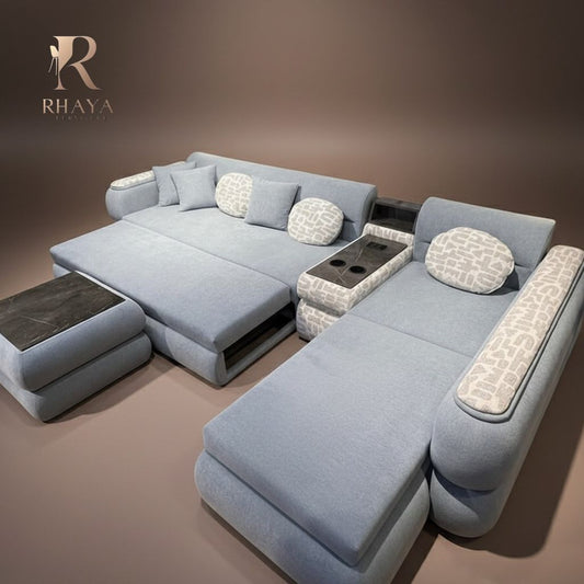 ركنة هارموني مودرن حرف L لون رمادي قماش بوكليه مع وحدات شحن من رحايا.