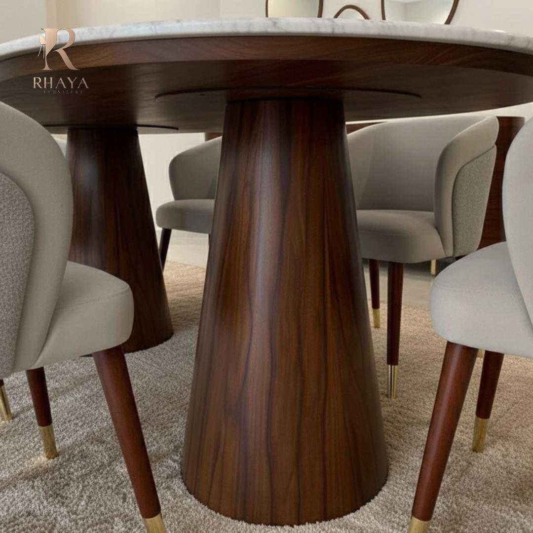 غرفة سفرة فاليتا - رخام طبيعي وخشب داكن بتصميم منحني فاخر