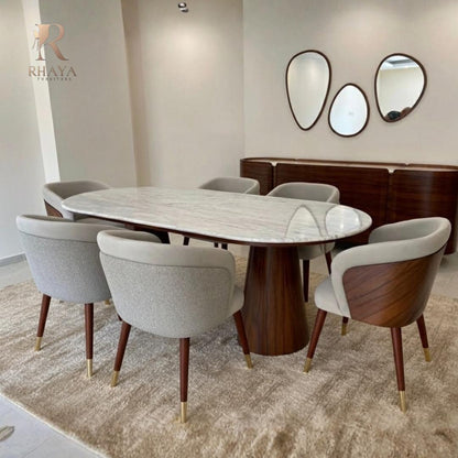 غرفة سفرة فاليتا - رخام طبيعي وخشب داكن بتصميم منحني فاخر