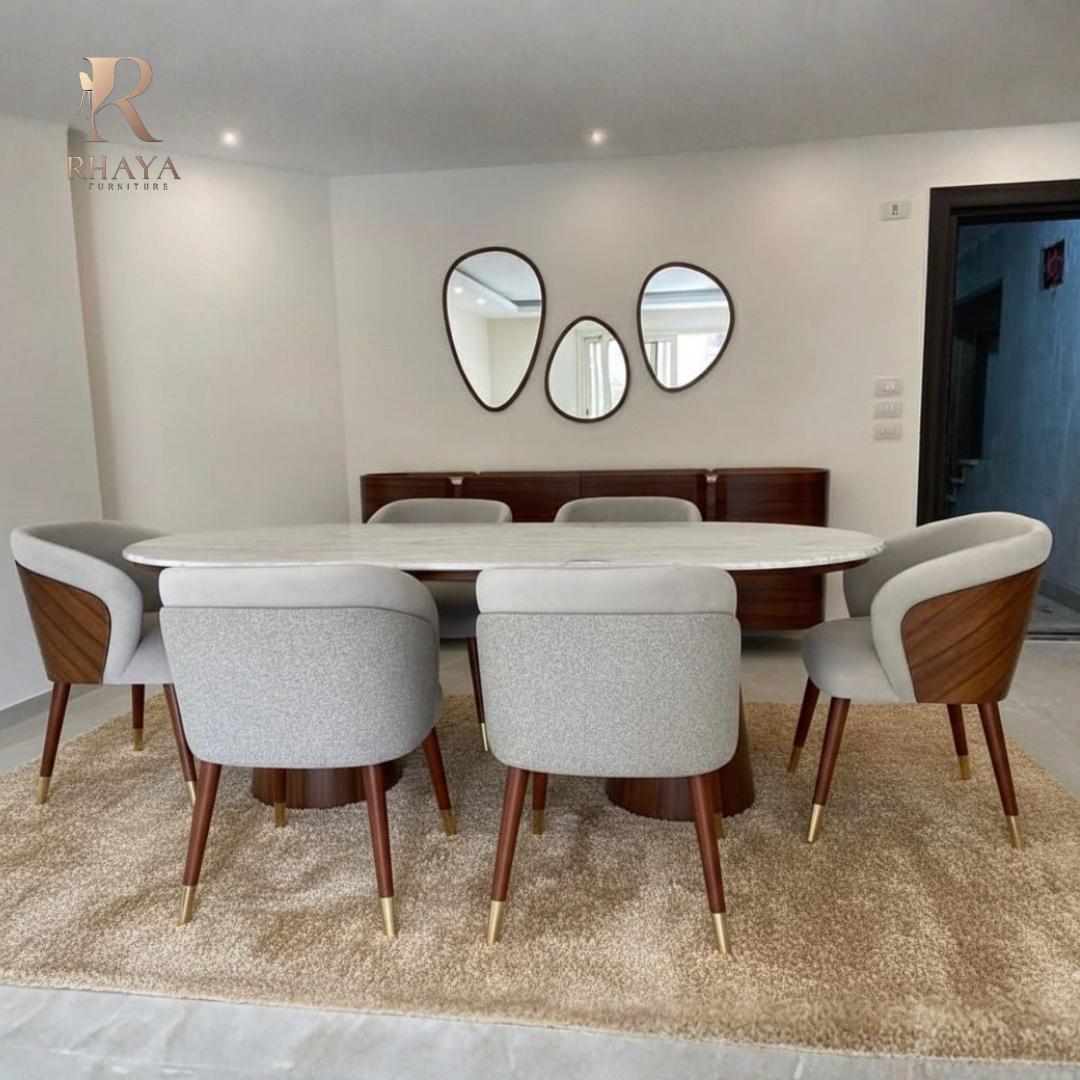 غرفة سفرة فاليتا - رخام طبيعي وخشب داكن بتصميم منحني فاخر