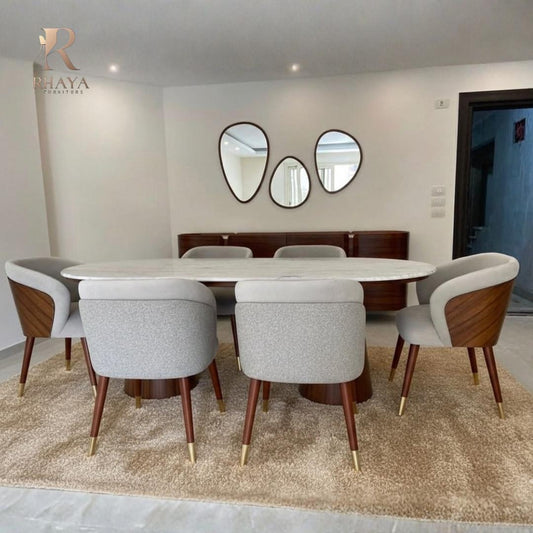 غرفة سفرة فاليتا - رخام طبيعي وخشب داكن بتصميم منحني فاخر