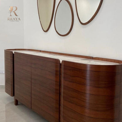 غرفة سفرة فاليتا - رخام طبيعي وخشب داكن بتصميم منحني فاخر