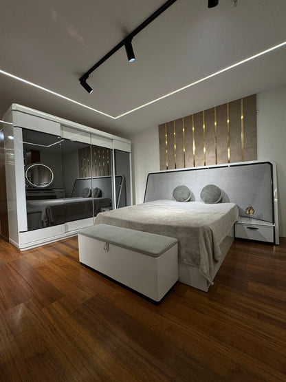 شراء غرفة نوم مودرن كاملة كريستال أبيض ورمادي - خشب كونتر بضمان 5 سنوات - رحايا