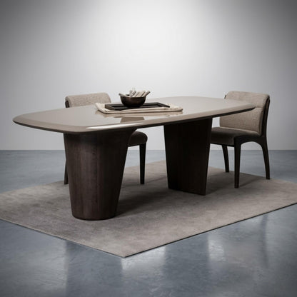 Modern dining set featuring a glossy oval beige table with dark wooden pedestal bases on a grey area rug.
