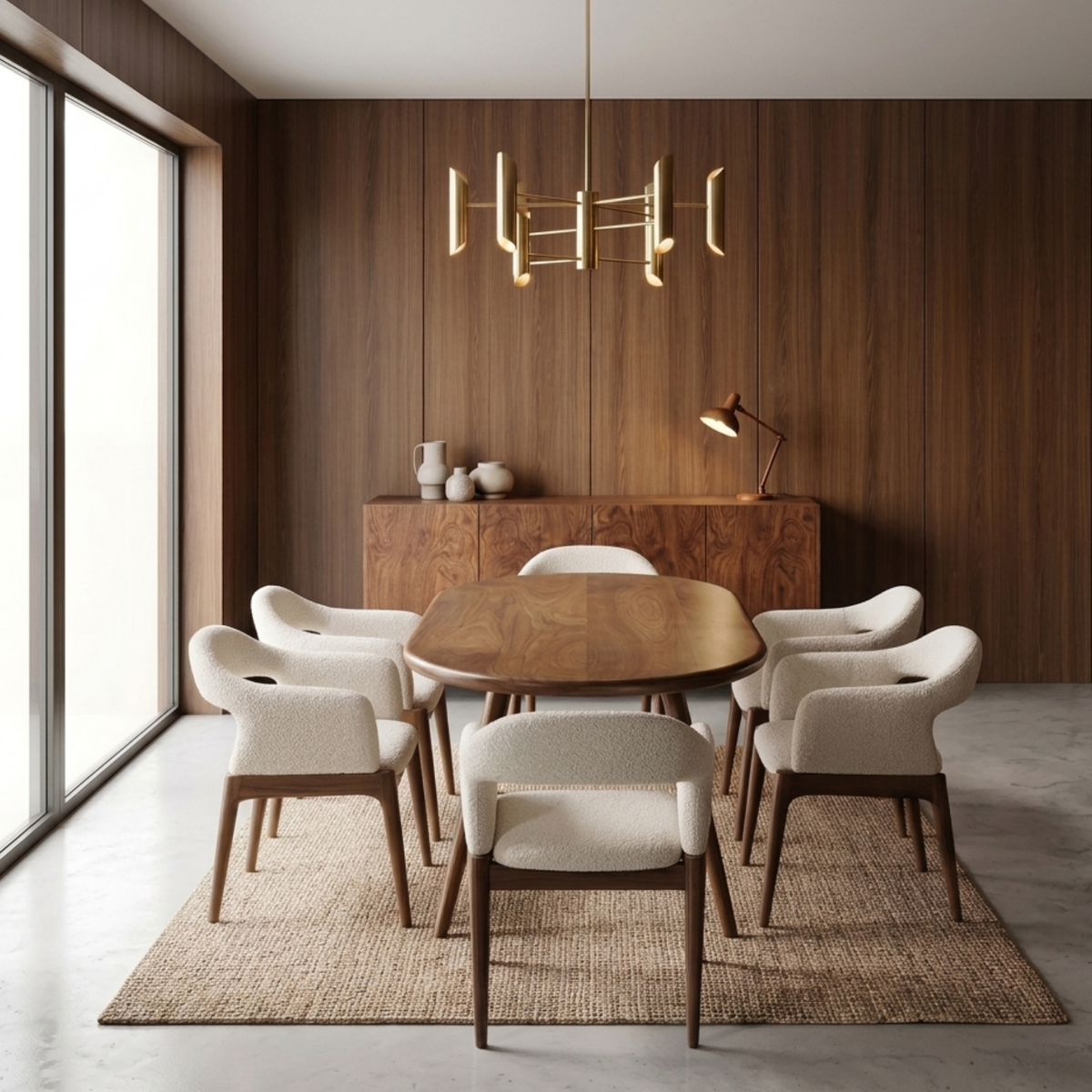 A modern dining room featuring a wooden oval table and six cream bouclé chairs against a wood-paneled wall.