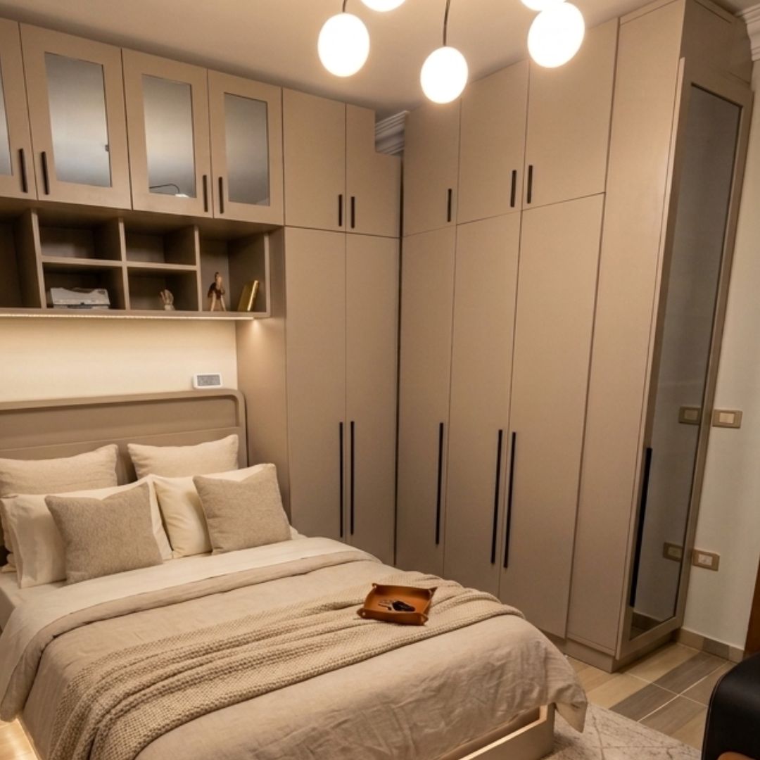right side wardrobe over bed design space saving