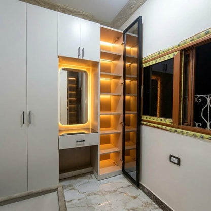 غرفة أطفال وشباب مودرن (تصميم هندسي ذكي) - دولاب بتسريحة مدمجة ودريسنج مضيء