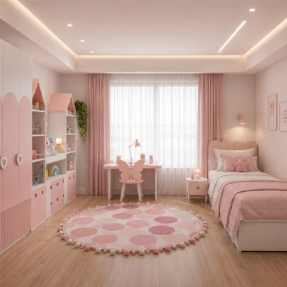 غرفة نوم أطفال بناتي مودرن "بينك دريم" كاملة - تصميم فراشة ومكتبة على شكل منزل