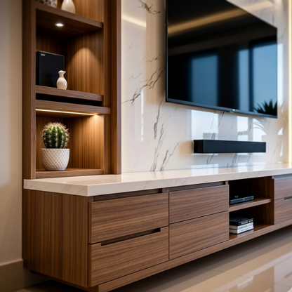 وحدة شاشة جدارية كاملة مودرن - خلفية بديل رخام وتجليد خشب مضلع