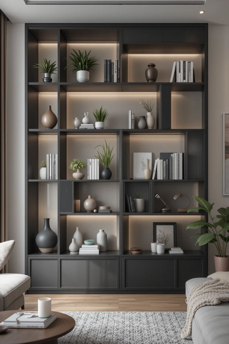 مكتبة عرض كاملة خشب طبيعي (Display Cabinet) - أرفف هندسية داكنة بإضاءة ليد