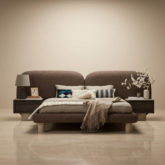 Pebble Luxury Organic Beech Bed | Integrated Floating Nightstands & Bouclé | Rhaya Furniture