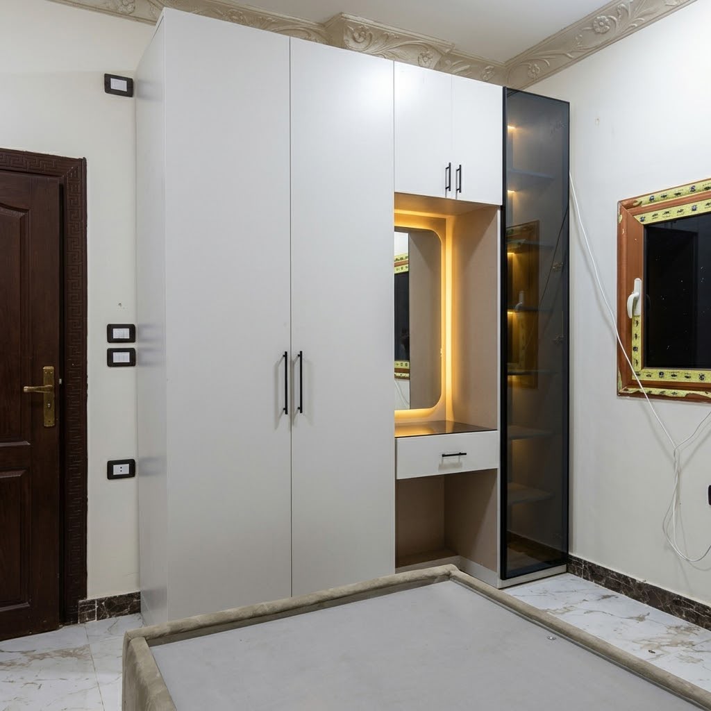 غرفة أطفال وشباب مودرن (تصميم هندسي ذكي) - دولاب بتسريحة مدمجة ودريسنج مضيء