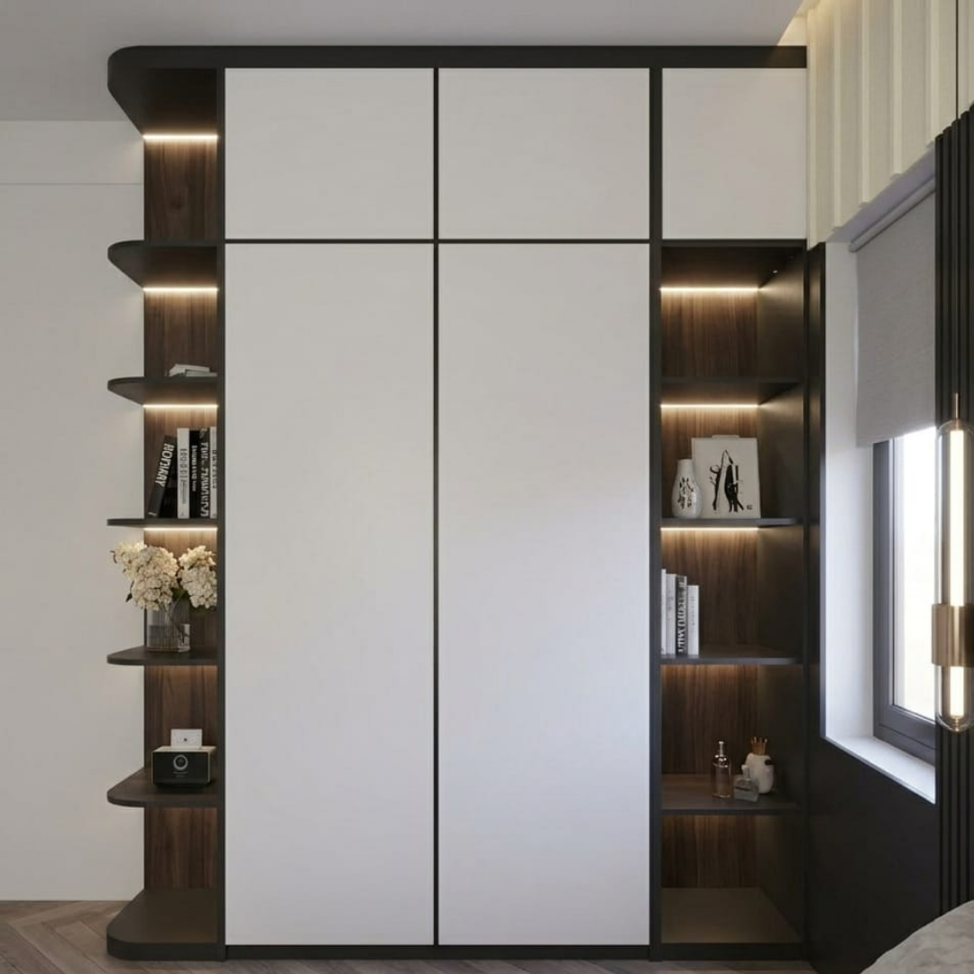 Elite Black & White Integrated Suite | Custom Wall Wardrobe & Hotel Luxury | Rhaya Furniture