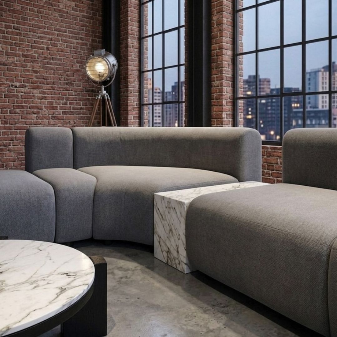 طقم كنب "لوفت" موديولار ، طاولة ، بف - Luxury Modular Sofa Set with Marble Table & Pouf