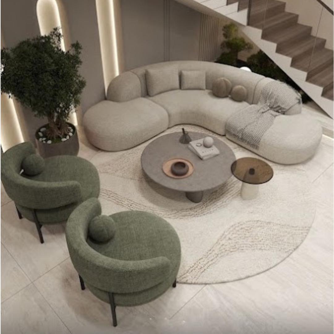 طقم أنتريه "زين" الأورجانيك - تصميم (Curved) مع كراسي بوكليه وطاولات حجرية