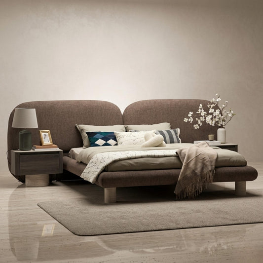 Pebble Luxury Organic Beech Bed | Integrated Floating Nightstands & Bouclé | Rhaya Furniture