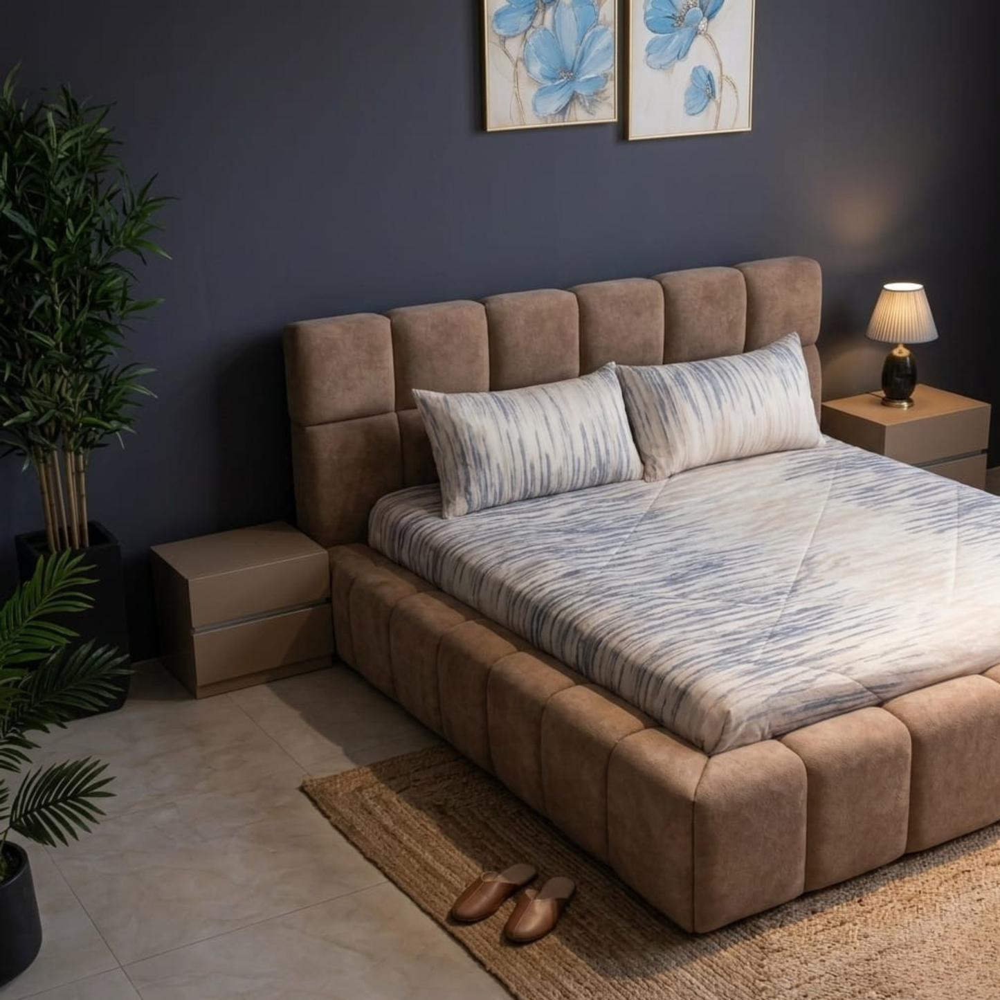 سرير مودرن كابوتنيه منجد بالكامل مع 2 كومود - قماش مخملي فاخر وتصميم هندسي
