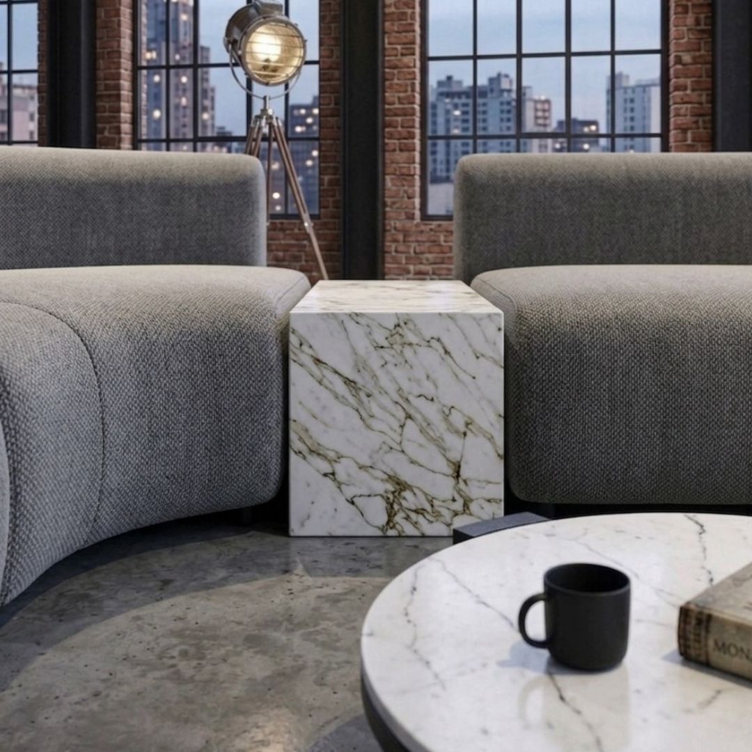 طقم كنب "لوفت" موديولار ، طاولة ، بف - Luxury Modular Sofa Set with Marble Table & Pouf