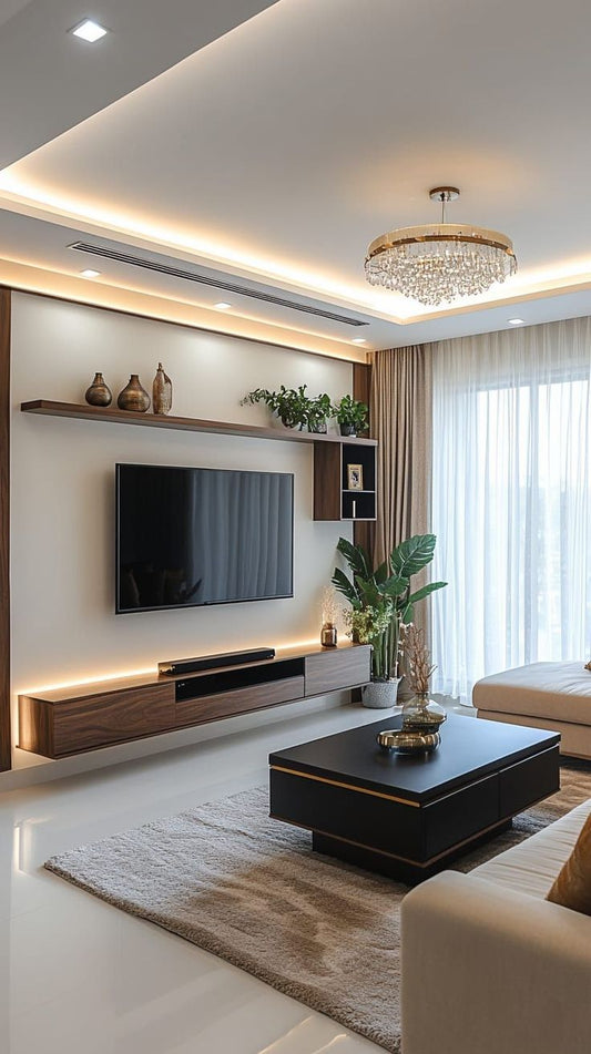 وحدة تلفزيون معلقة مودرن خشبية - تصميم جداري بإضاءة LED ورف علوي