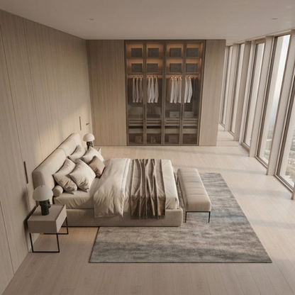 غرفة نوم "كافيين" المينيماليست - سرير منجد ودريسنج بيلت إن - built in