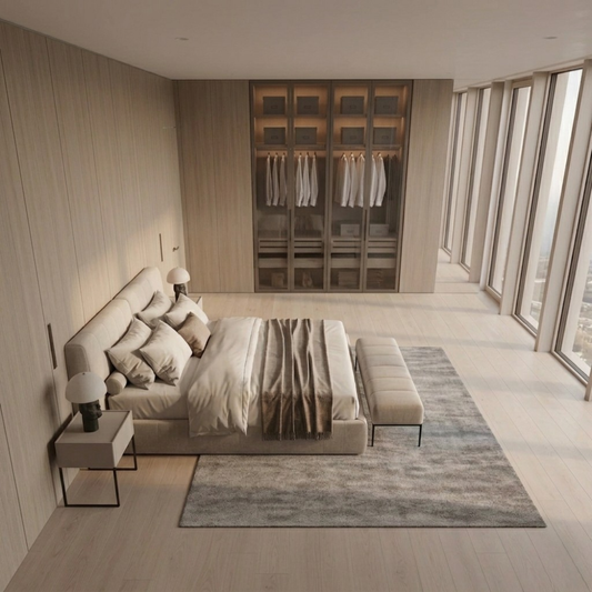 غرفة نوم "كافيين" المينيماليست - سرير منجد ودريسنج بيلت إن - built in