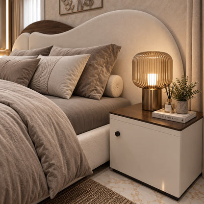 غرفة نوم مودرن لوكجري كاملة - سرير كيرف منجد، دولاب مضيء، وتسريحة بمراية ليد